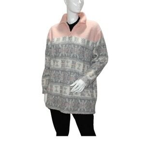 Béchamel‎ Women's Pink Gray Fair Isle Snowflake Fleece Quarter Zip Pullover